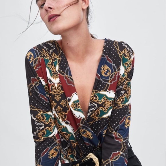 Zara Tops - Zara Chain Pattern Wrap-Front Bodysuit